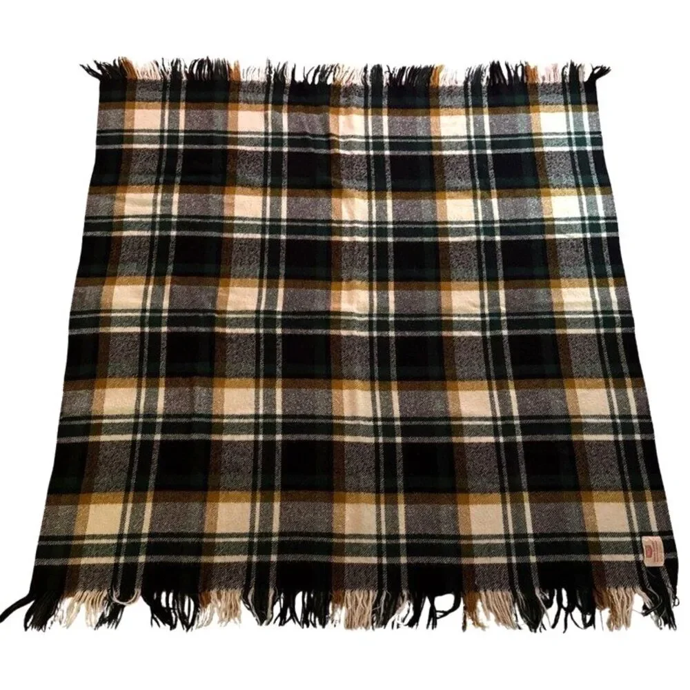 Vtg Troy Wool Leisure Blanket Green Navy Plaid Stadium Throw Fringe 48x53 USA